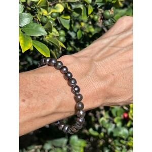 Black Freshwater Pearl Stretch Bracelet Iridescent Peacock Beads Handmade 7"